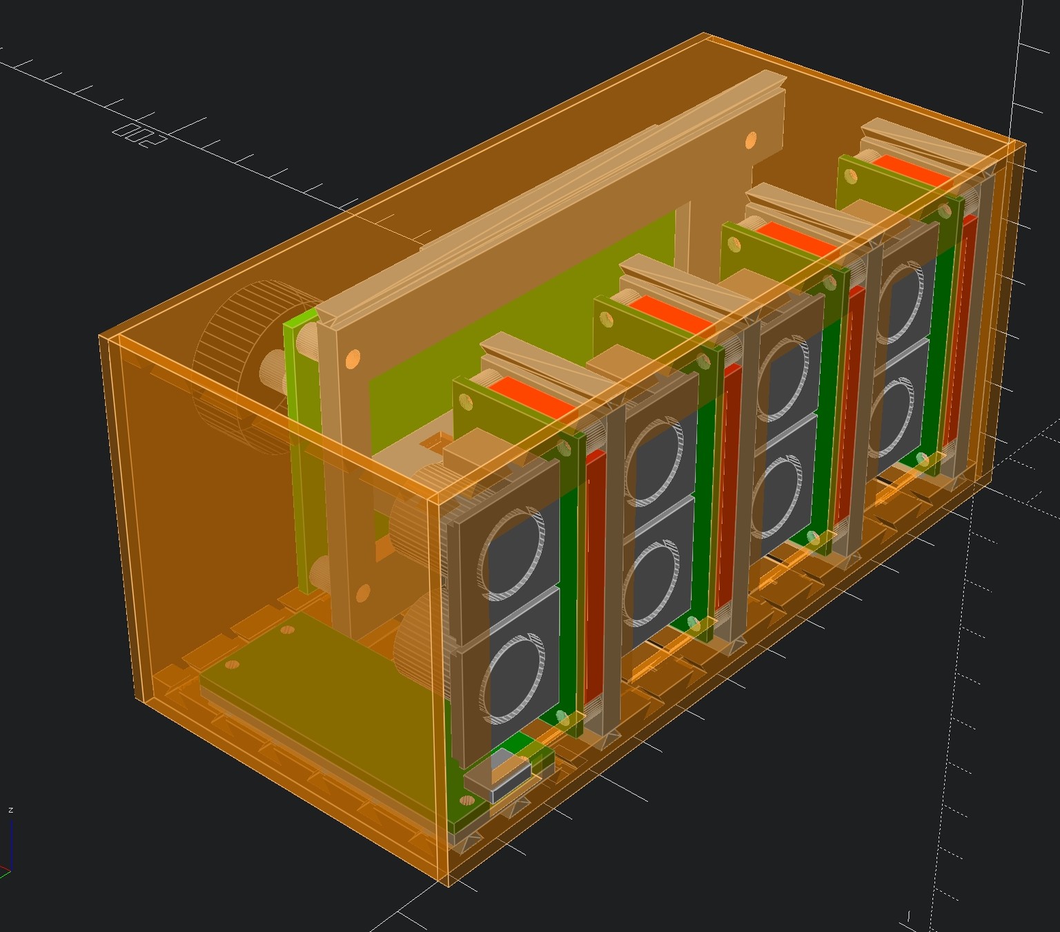 A OpenSCAD representation of a box with a display and 4 times 2 midi din ports