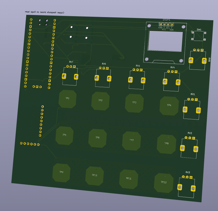 Front PCB where we can see 12 touch pads agenced in 4 x 3, place for 4 potentiometers on the top, 3 on the right, and one potentiometer and a switch next to a acreen.