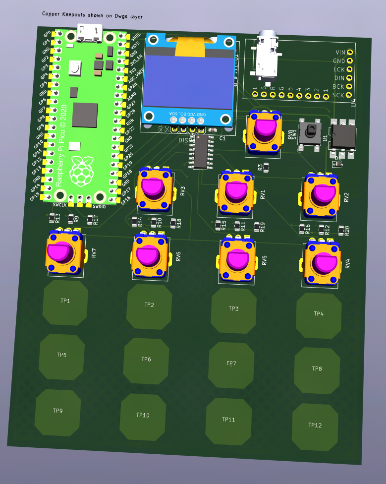 Rendering of Plan 2 seen from the front with a Raspberry Pico on the top left, a tiny oled screen on its right a jack on the right of the screen. Below the screen are two jacks that cannot be seen on this render. There are 8 potentiometers vertical. A button and pads arranged in 4x3